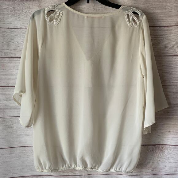 Sweet Rain Off-White Blouse with Beaded Cutout Shoulders V-Neck 3/4 Sleeves - Picture 7 of 16